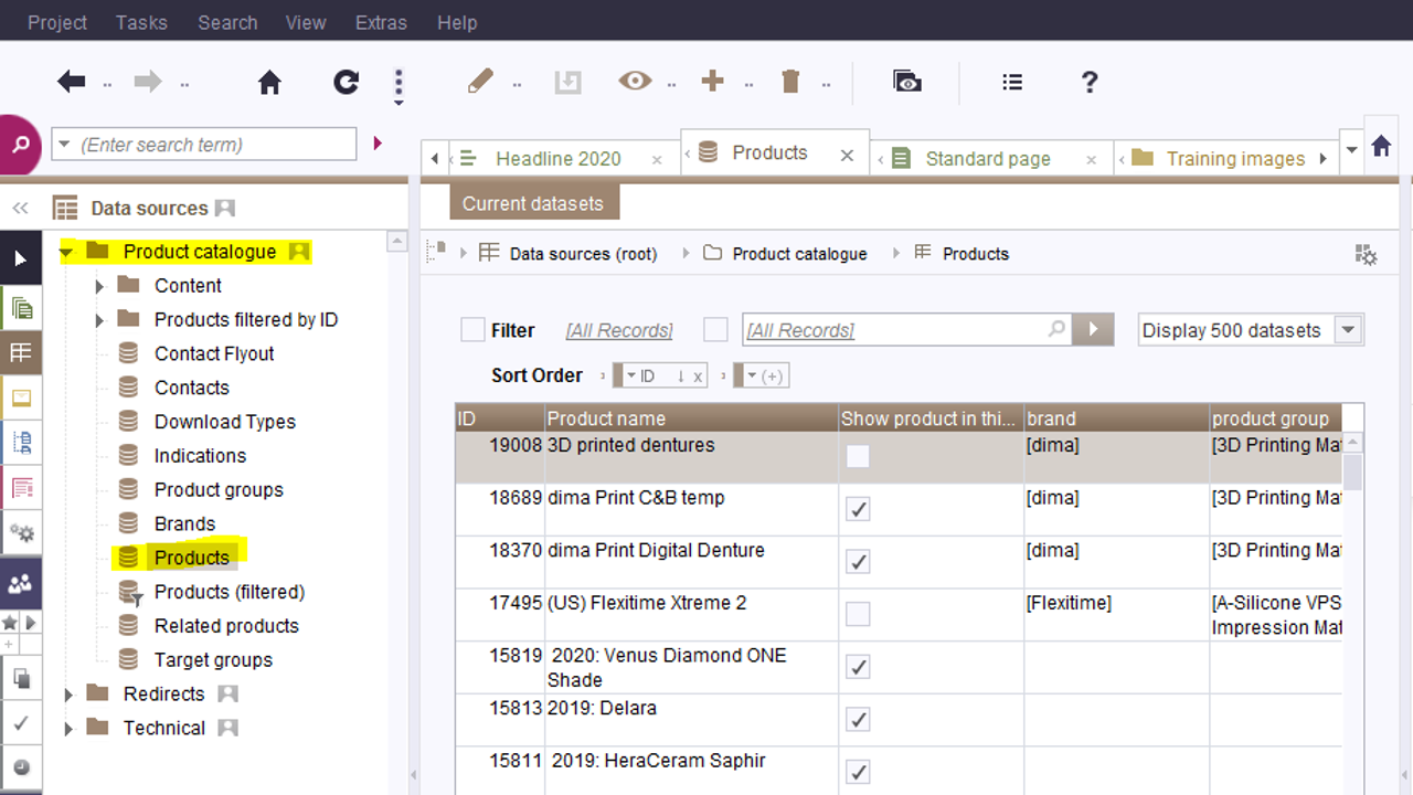 Products in the database